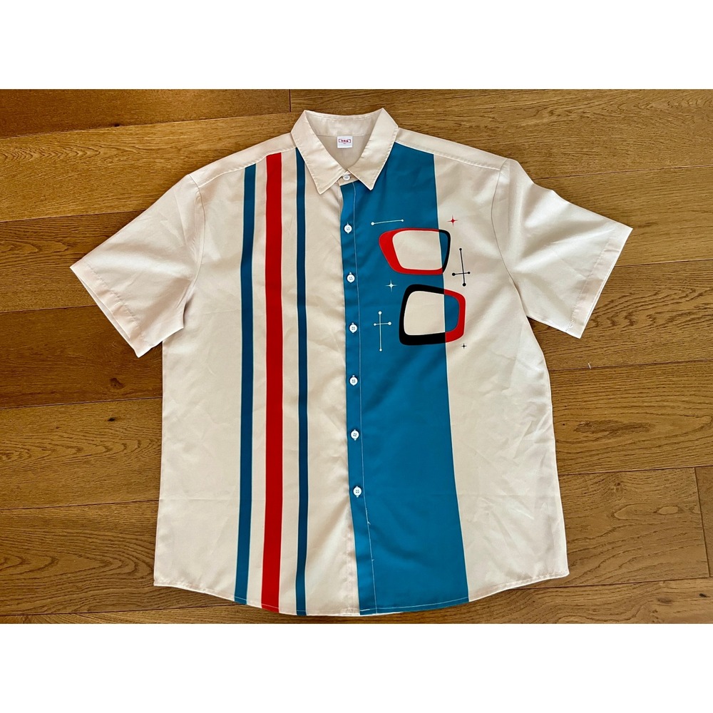 HOO Mens XL Retro Mid Century Modern Atomic Graphic Short Sleeve Button Up Shirt